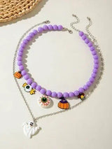 🎃 Halloween Purple Beaded Eyeball Ghost Layered Necklace Set