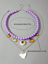 🎃 Halloween Purple Beaded Eyeball Ghost Layered Necklace Set