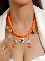 🎃 Halloween Orange Beaded Eyeball Ghost Pumpkin Charm Necklace