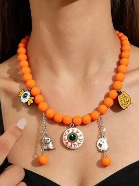 🎃 Halloween Orange Beaded Eyeball Ghost Pumpkin Charm Necklace