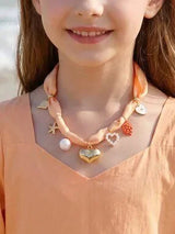 🧡 Peach Orange Scarf Necklace with Heart Starfish Pearl & Coral Charms