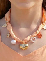 🧡 Peach Orange Scarf Necklace with Heart Starfish Pearl & Coral Charms