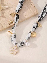 Black & White Paisley Scarf Necklace with Heart Flower Charms 🖤
