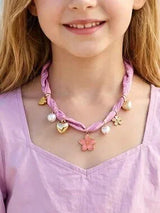 Pink Paisley Scarf Necklace with Heart Flower & Pearl Charms 🌸