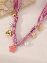 Pink Paisley Scarf Necklace with Heart Flower & Pearl Charms 🌸
