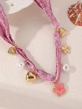 Pink Paisley Scarf Necklace with Heart Flower & Pearl Charms 🌸
