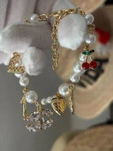 NWT Gold-Tone & Faux Pearl Charm Bracelet with Crystal CC & Cherries 🍒💎