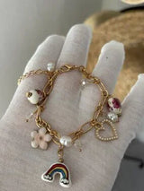 NWT Gold-Tone Whimsical Charm Bracelet w/ Ceramic Rainbow & Floral Beads 🌈🌸