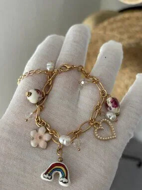 NWT Gold-Tone Whimsical Charm Bracelet w/ Ceramic Rainbow & Floral Beads 🌈🌸