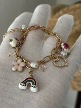 NWT Gold-Tone Whimsical Charm Bracelet w/ Ceramic Rainbow & Floral Beads 🌈🌸