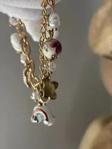 NWT Gold-Tone Whimsical Charm Bracelet w/ Ceramic Rainbow & Floral Beads 🌈🌸