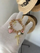 NWT Gold-Tone Sweet Charm Bracelet w/ Polka Dot Heart, Bows & Pearls 🎀💖