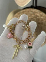 NWT Gold-Tone Sweet Charm Bracelet w/ Polka Dot Heart, Bows & Pearls 🎀💖