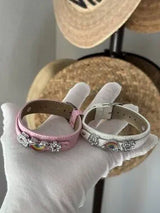 NWT Set of 2 Fun Pink & White Rainbow Rhinestone Leather Bracelets 🌈✨