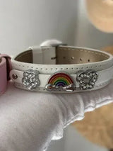 NWT Set of 2 Fun Pink & White Rainbow Rhinestone Leather Bracelets 🌈✨