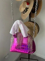 NWT Hot Pink Metallic Crocodile-Texture Bag with Rhinestone Fringe 💖✨