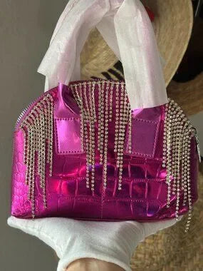 NWT Hot Pink Metallic Crocodile-Texture Bag with Rhinestone Fringe 💖✨