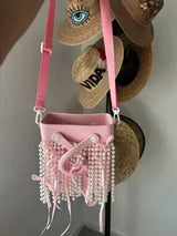 NWT Pastel Pink Pearl & Ribbon Embellished Bucket Bag 🎀💖