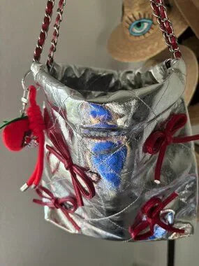 NWT Metallic Silver Quilted Bucket Bag w/ Red Bows & Strawberry Charm 🥈🍓
