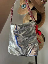 NWT Metallic Silver Quilted Bucket Bag w/ Red Bows & Strawberry Charm 🥈🍓