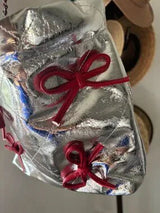 NWT Metallic Silver Quilted Bucket Bag w/ Red Bows & Strawberry Charm 🥈🍓