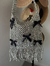 NWT Shimmering Silver Beaded Bag with Black Bows & Fringe 🥈🖤