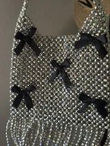 NWT Shimmering Silver Beaded Bag with Black Bows & Fringe 🥈🖤