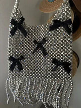NWT Shimmering Silver Beaded Bag with Black Bows & Fringe 🥈🖤