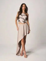 ✨ Khaki Asymmetrical High Low Maxi Skirt Size S Elastic Waist