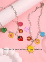 🌞🍓 2PC Colorful Charm Necklace Set Smiley Sun Strawberry Flower Y2K Boho 💖