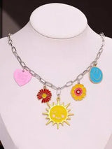 🌞🍓 2PC Colorful Charm Necklace Set Smiley Sun Strawberry Flower Y2K Boho 💖