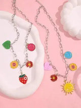 🌞🍓 2PC Colorful Charm Necklace Set Smiley Sun Strawberry Flower Y2K Boho 💖