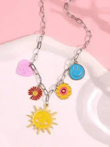 🌞🍓 2PC Colorful Charm Necklace Set Smiley Sun Strawberry Flower Y2K Boho 💖