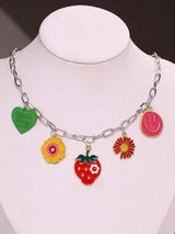 🌞🍓 2PC Colorful Charm Necklace Set Smiley Sun Strawberry Flower Y2K Boho 💖