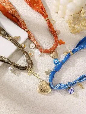 ✨ 3PC Boho Bandana Charm Necklace Set Heart Cross Evil Eye Butterfly Floral 🌼💙