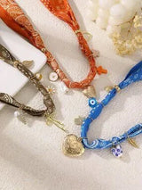 ✨ 3PC Boho Bandana Charm Necklace Set Heart Cross Evil Eye Butterfly Floral 🌼💙