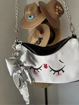 Cute Kawaii Sleepy Face Shoulder Bag White Black Silver Chain Bow Charm NWT