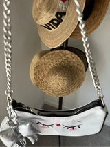 Cute Kawaii Sleepy Face Shoulder Bag White Black Silver Chain Bow Charm NWT