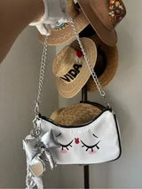 Cute Kawaii Sleepy Face Shoulder Bag White Black Silver Chain Bow Charm NWT