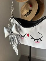 Cute Kawaii Sleepy Face Shoulder Bag White Black Silver Chain Bow Charm NWT