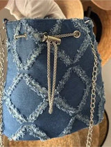 Denim Bucket Bag Frayed Patchwork Silver Chain Crossbody Shoulder Purse Blue