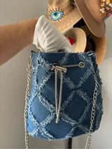 Denim Bucket Bag Frayed Patchwork Silver Chain Crossbody Shoulder Purse Blue