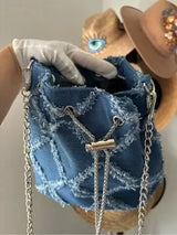 Denim Bucket Bag Frayed Patchwork Silver Chain Crossbody Shoulder Purse Blue