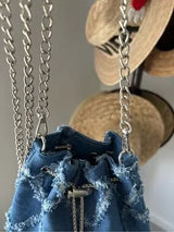 Denim Bucket Bag Frayed Patchwork Silver Chain Crossbody Shoulder Purse Blue