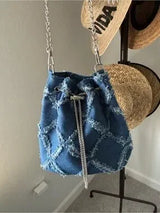 Denim Bucket Bag Frayed Patchwork Silver Chain Crossbody Shoulder Purse Blue