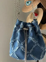 Denim Bucket Bag Frayed Patchwork Silver Chain Crossbody Shoulder Purse Blue