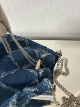 Denim Bucket Bag Frayed Patchwork Silver Chain Crossbody Shoulder Purse Blue