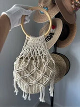 Boho Woven Straw Basket Bag Macrame Wood Ring Handle Beach Tote Cream Tan