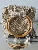 Boho Woven Straw Basket Bag Macrame Wood Ring Handle Beach Tote Cream Tan
