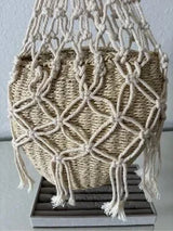 Boho Woven Straw Basket Bag Macrame Wood Ring Handle Beach Tote Cream Tan